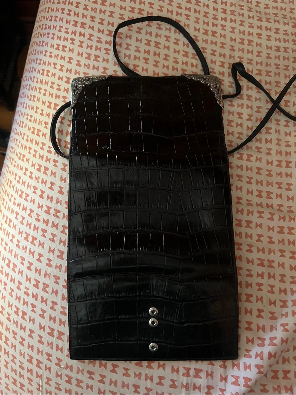 Black Brighton Croc-Embossed Crossbody Bag with Silver Corner Accents